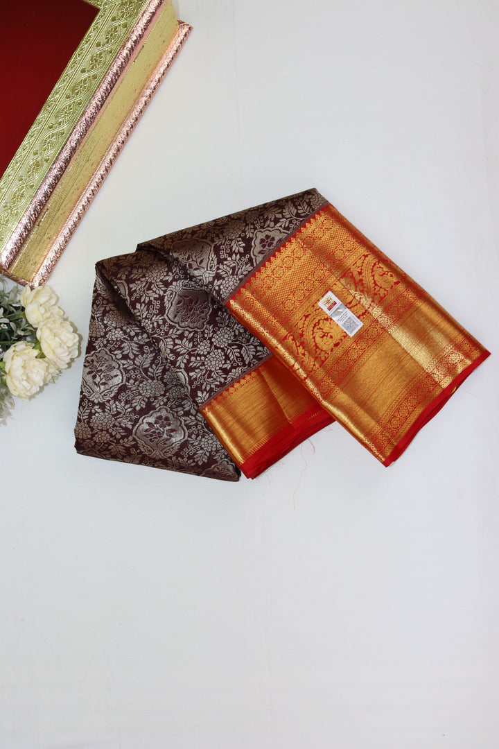 Classic Chocolate Brown Pure Kanjipuram Saree