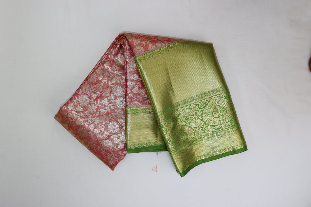 Luxurious Coral Pink Kanjipuram Saree