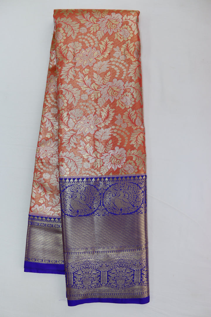 Fashionable Coral Pink Kanjipuram Saree