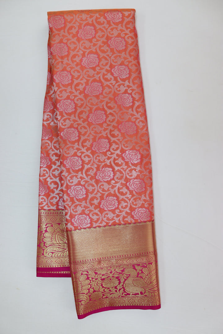 Exquisite Coral PInk Kanjipuram Saree