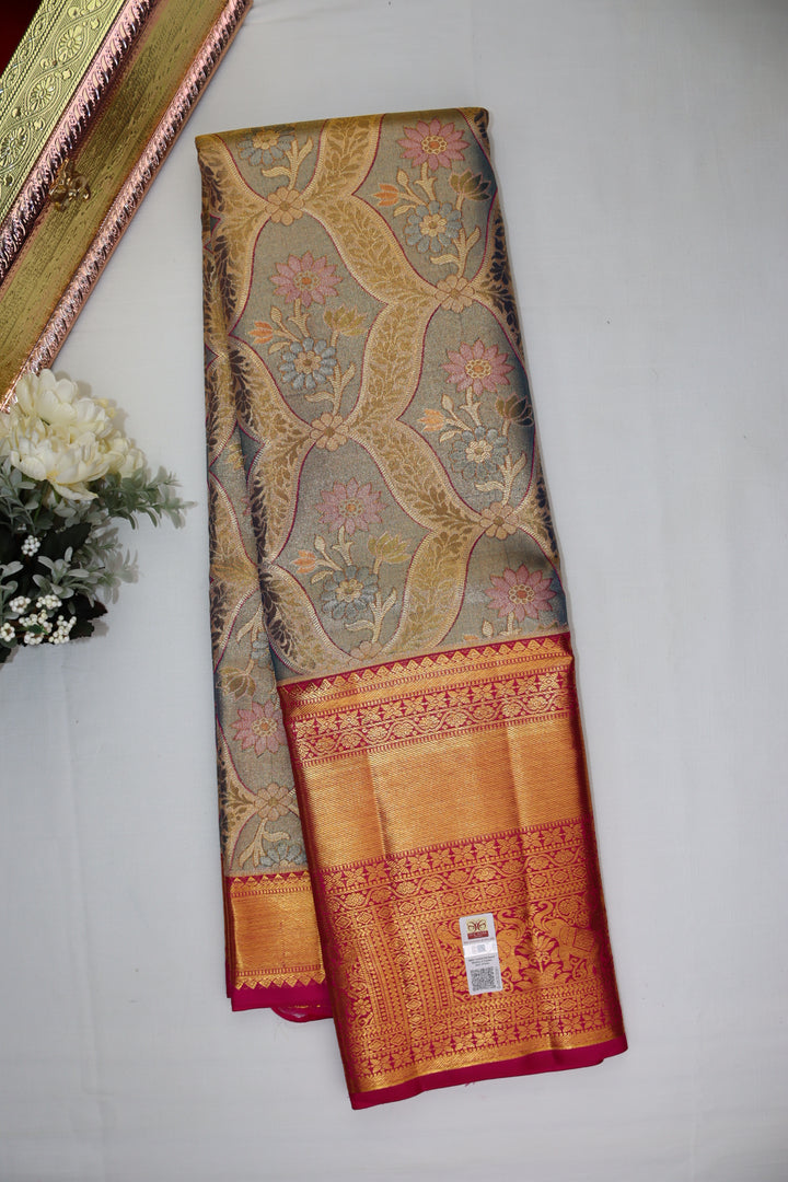 Exquisite Grey Pure Kanjipuram Saree