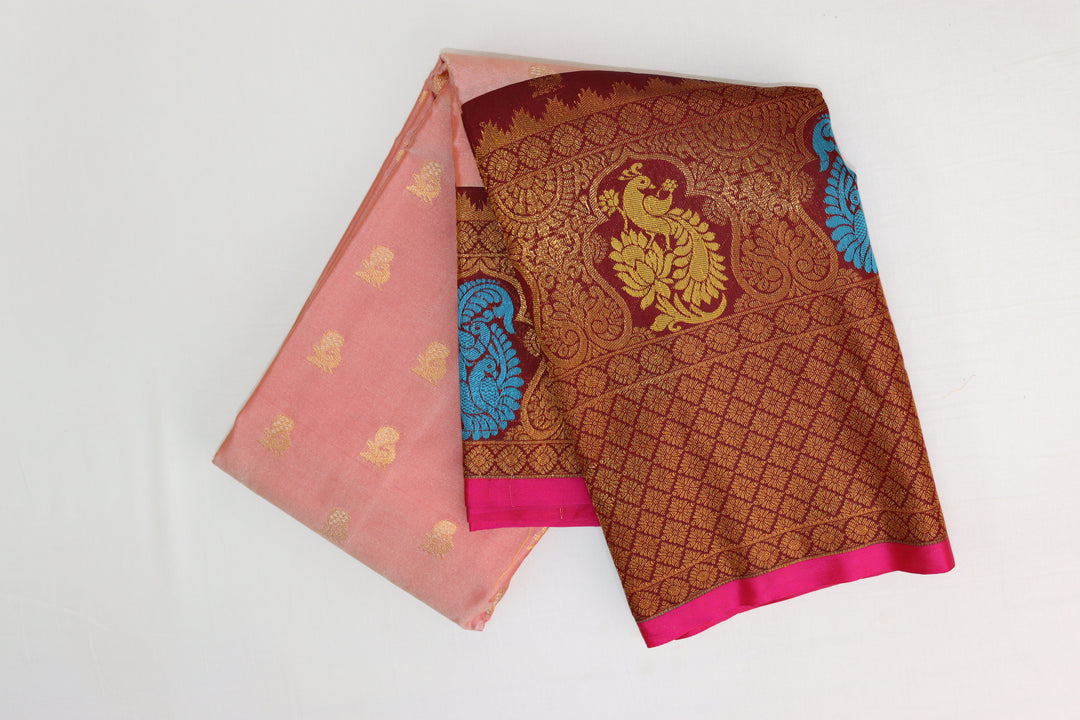 Stylish Peach Kanjipuram Saree