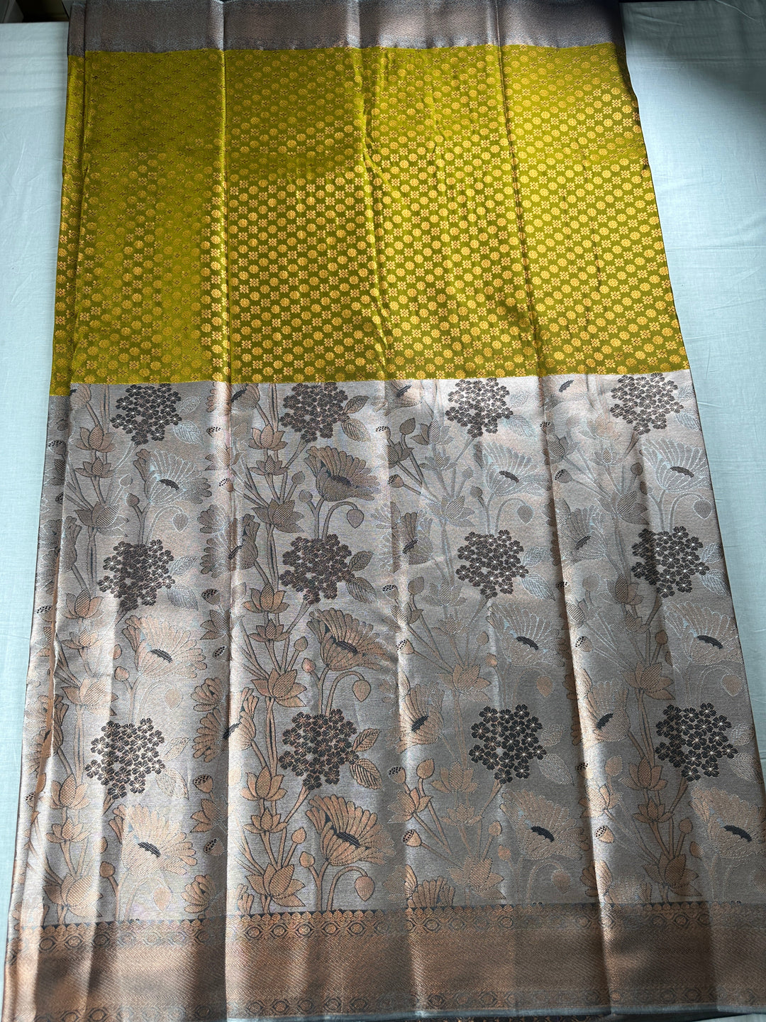 Rich Olive Green with Grey Kanjipuram Silk Saree