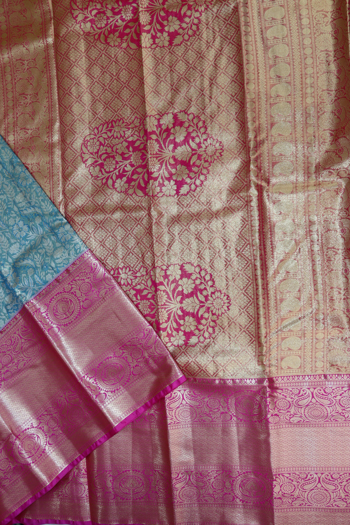 Luxurious Sea Blue Tissue Kanjipuram Saree