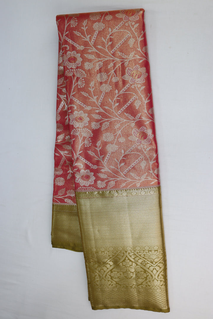 Rich Coral Pink Tissue Kanjipuram Saree