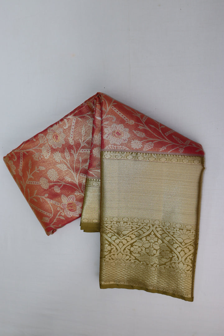 Rich Coral Pink Tissue Kanjipuram Saree