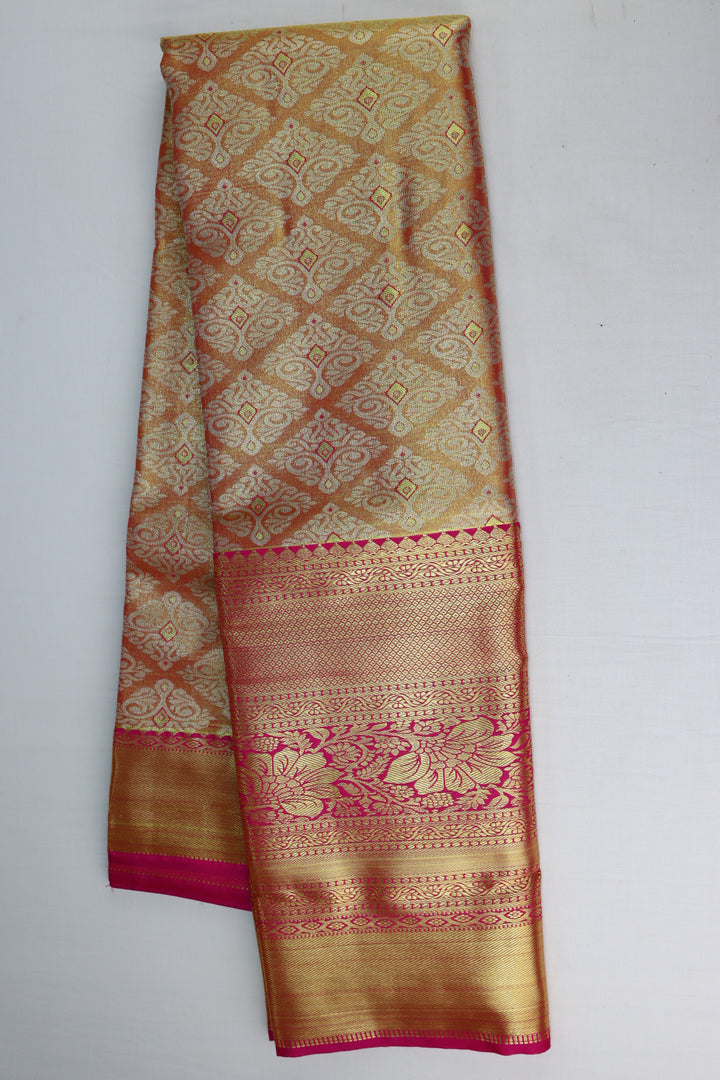 Luxurious Coral PInk Tissue Kanjipuram Saree