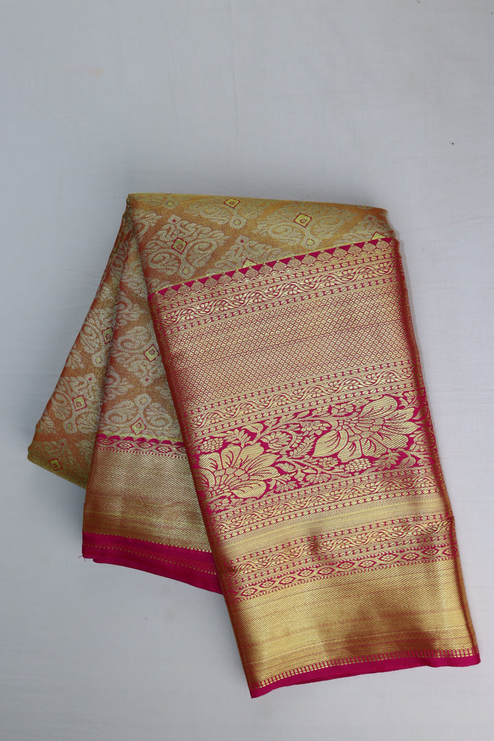 Luxurious Coral PInk Tissue Kanjipuram Saree