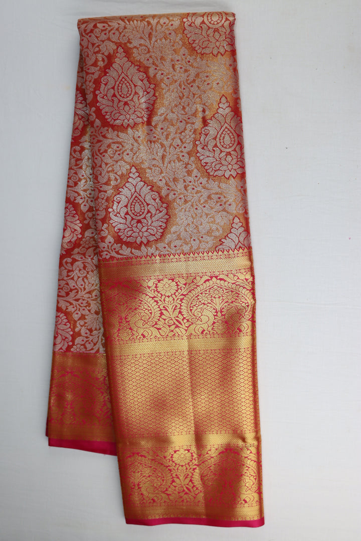 Traditional Coral Pink Tissue Kanjipuram Saree