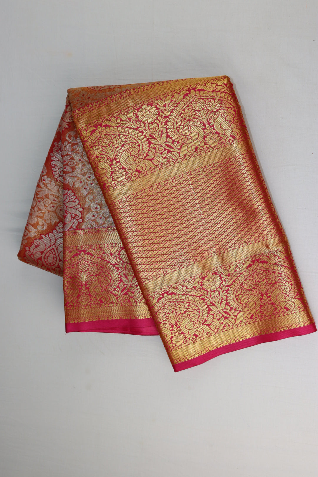 Traditional Coral Pink Tissue Kanjipuram Saree