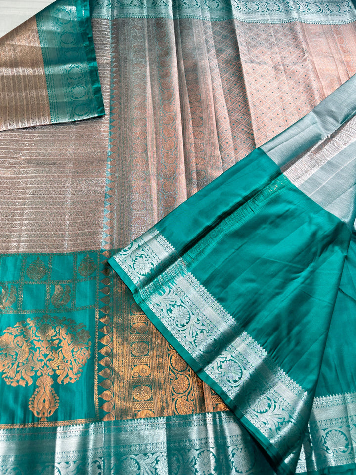 Traditional Copper With Blue  Kanjipuram Silk Saree